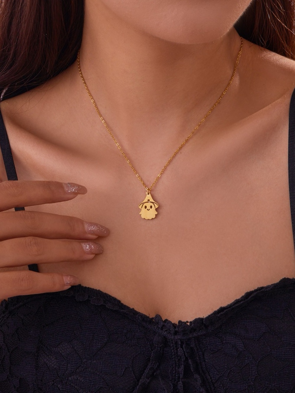 18K Gold Plated Cute Ghost Witch Hat Pendant Necklace Halloween Titanium Steel